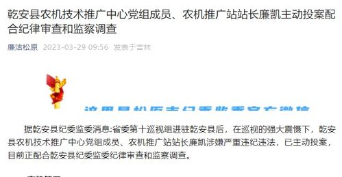 主动投案,乾安县农机技术推广中心党组成员 农机推广站站长廉凯配合审查调查